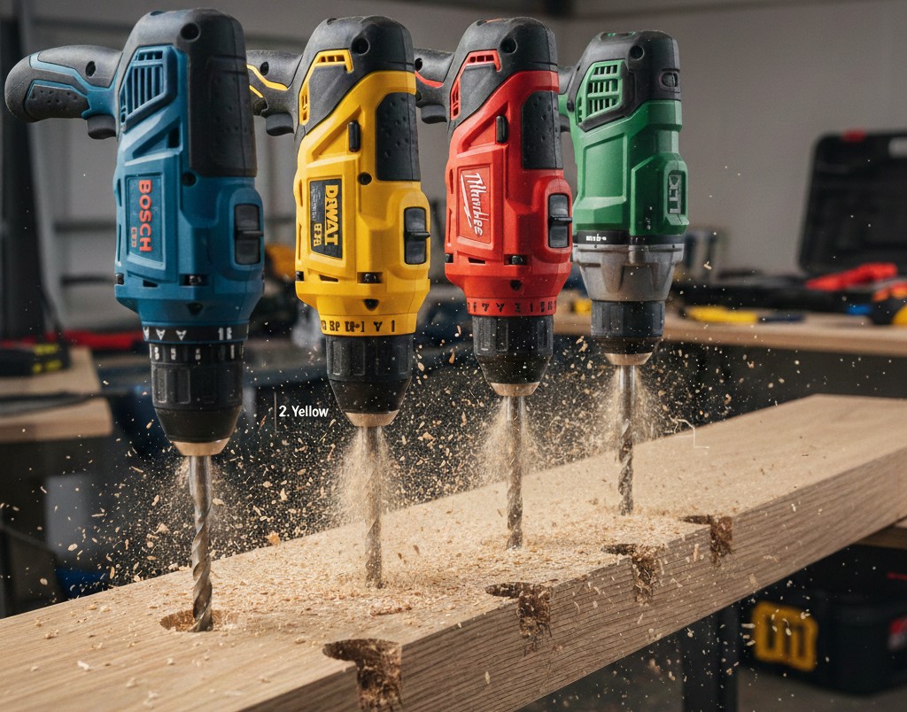 Branded power drills head-to-head comparison with sawdust